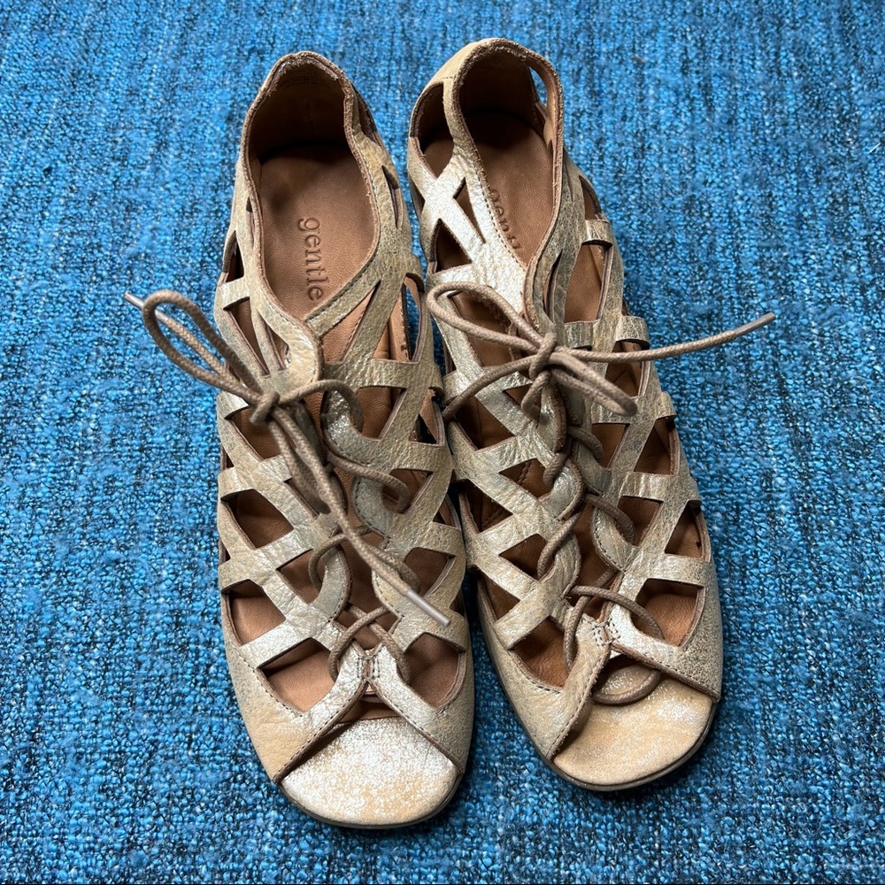 Gentle Souls Okey Dokey Metallic Gold Leather Cutout Heeled Sandals - Picture 2 of 6